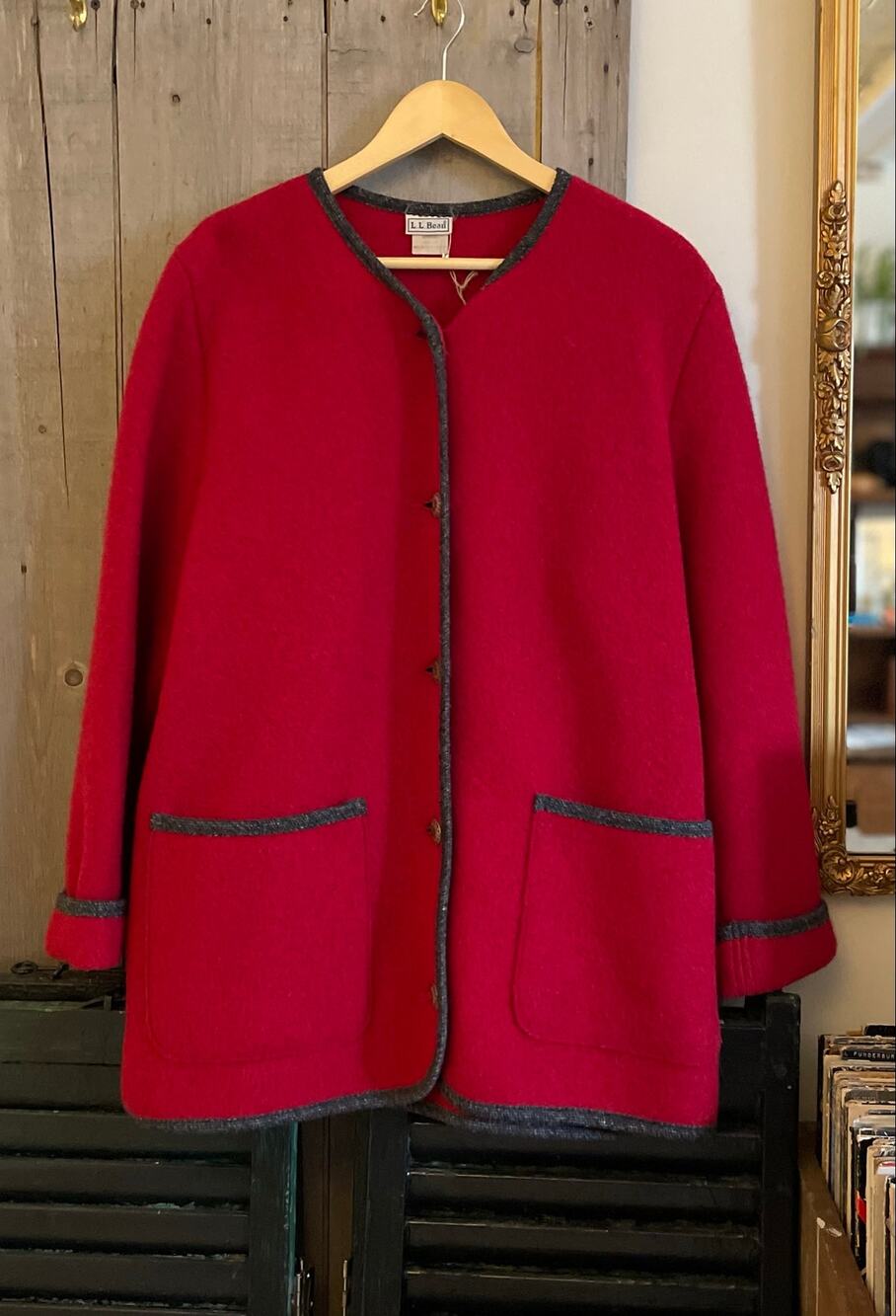 Vintage L.L. Bean Red Boiled Wool Button Front Fall Winter Coat Jacket Size M